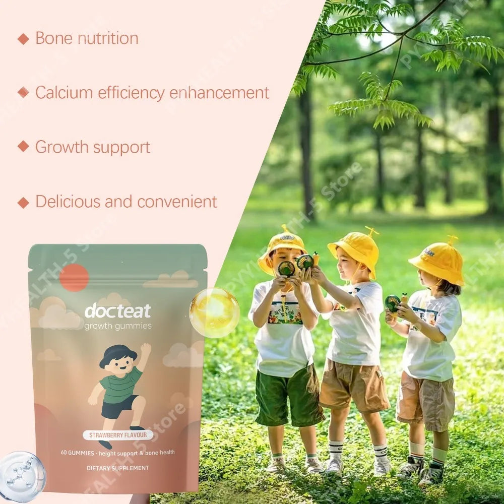 Docteat Growth Gummies for Kids Strawberry Flavor Chewable with Calcium Vitamin D and K 60 Gummies