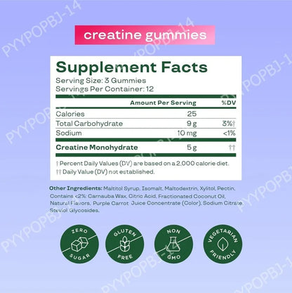 Berry Flavor Creatine Monohydrate 5g Gummies - Zero Sugar 36 Count Non-GMO Gluten Free Vegetarian Supplement for Fitness And Bod