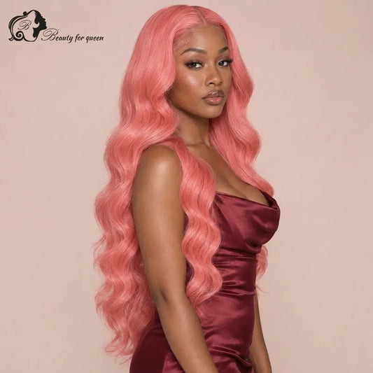 Coral Pink Body Wave Wig Long HD Lace Soft For Women Heat Friendly Voluminous Middle Part Smooth 180 Density Quality Sleek