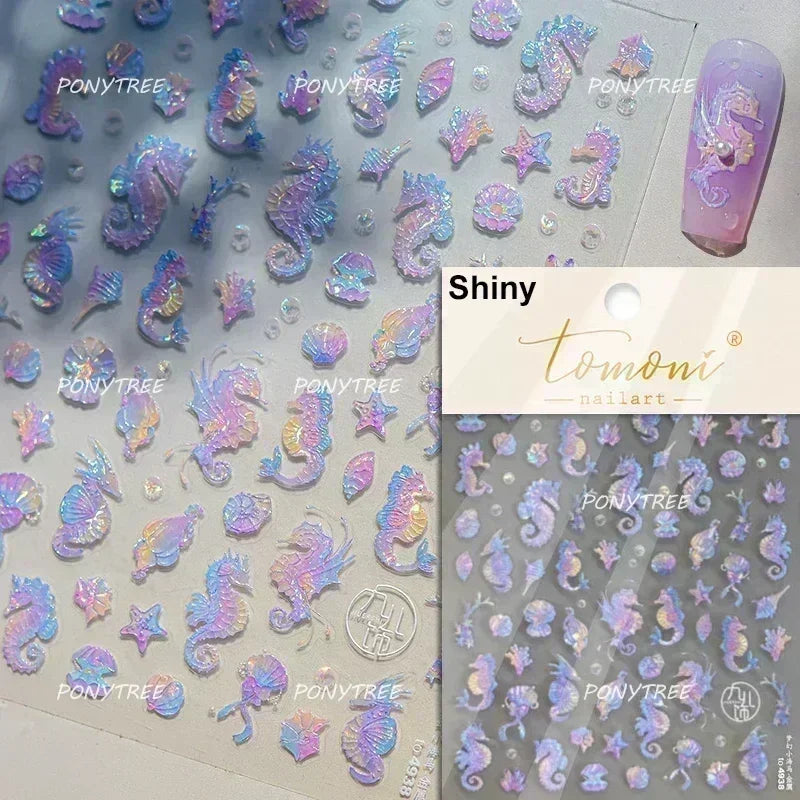 Gold Stamped Shell Conch Scallop Starfish Pearl 5D Embossed Self Adhesive Nail Art Stickers Delicate Ocean Style Manicure Decals