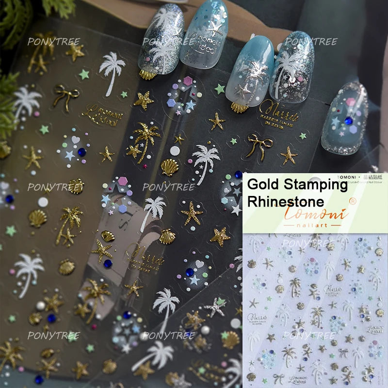 Gold Stamped Shell Conch Scallop Starfish Pearl 5D Embossed Self Adhesive Nail Art Stickers Delicate Ocean Style Manicure Decals