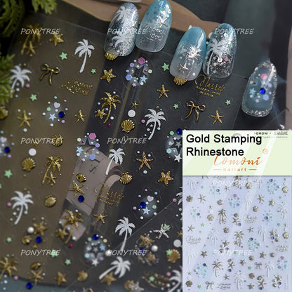 Gold Stamped Shell Conch Scallop Starfish Pearl 5D Embossed Self Adhesive Nail Art Stickers Delicate Ocean Style Manicure Decals