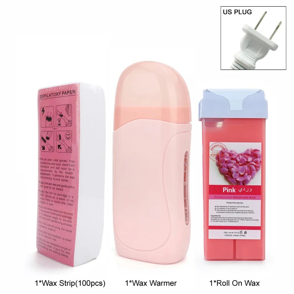 Women Home Hair Removal Kit Roll on Wax Warmer Honey Roller Wax Cartridge 100Pcs Depilatory Wax Strips Body Leg Arm Waxing Set