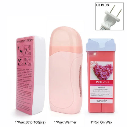 Women Home Hair Removal Kit Roll on Wax Warmer Honey Roller Wax Cartridge 100Pcs Depilatory Wax Strips Body Leg Arm Waxing Set