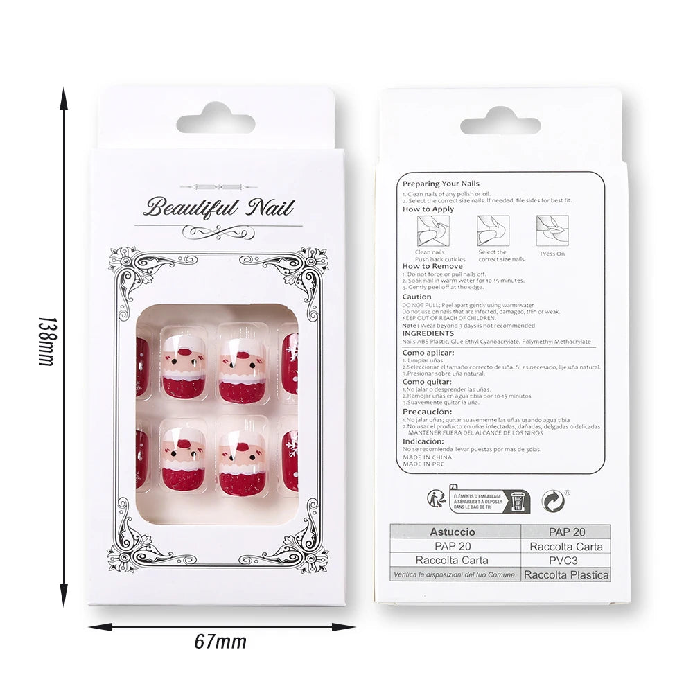 24Pcs Red Christmas Fake Nails Cute Santa Claus Reindeer & Snowflake Designs Artificial Nails Glossy Short Oval Press On Nails