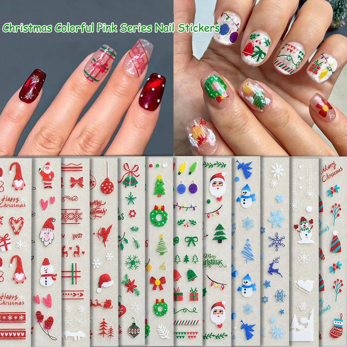 3 to 12 Sheets 3D Christmas Santa Snowman Reindeer Tree Snowflake Lights Gnome Self-Adhesive Nail Art Stickers