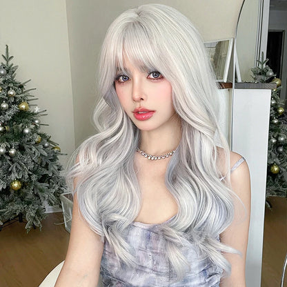 NAMM Costume Wig Synthetic Body Wavy Cool Silvery  Wig For Women Daily Use High Density Layered Hair Wigs With Fluffy Bangs