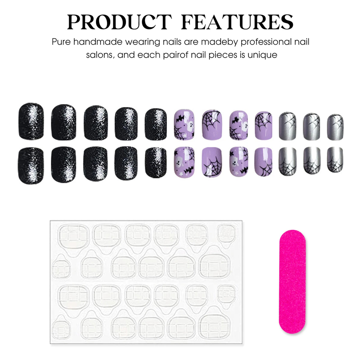Press On Nails Light Purple Bat Ghost Spider Web Halloween Fake Nail Stickers With Designs Scary Party Nail Art Decals 24pcs