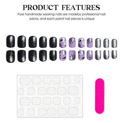 Press On Nails Light Purple Bat Ghost Spider Web Halloween Fake Nail Stickers With Designs Scary Party Nail Art Decals 24pcs