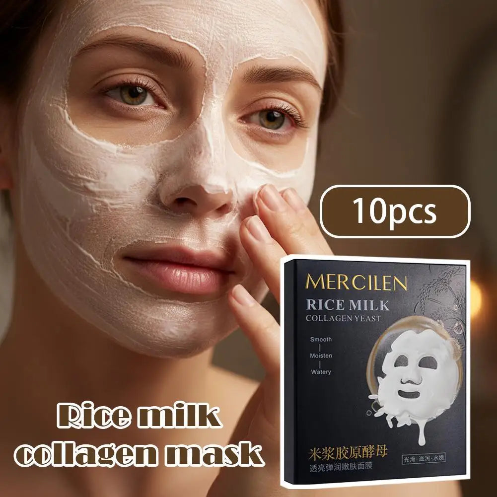 Rice Milk Collagen Yeast Brightening Mask 10 Pack  Sachets Peel-Off Facial Mask Deep Hydrating Moisturizing Nourishing Skincare