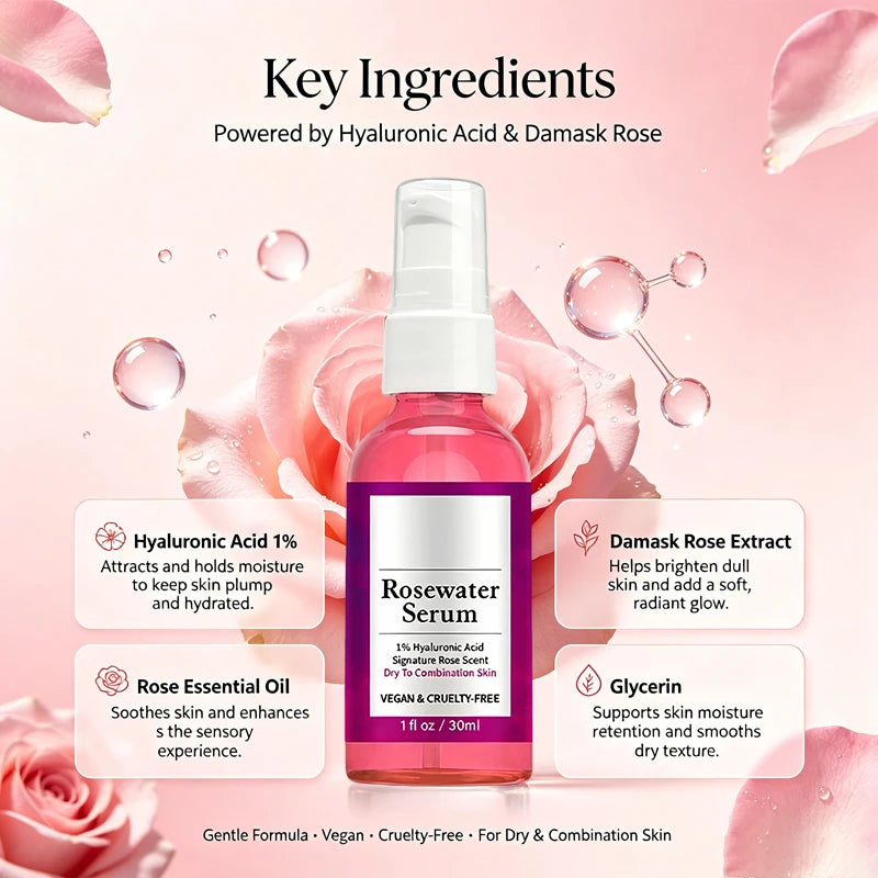 1/3 Pcs Rose Water Essence Serum 30ml Each Dry Combination Skin Facial Hydrating Moisturizing Essence Skincare Facial Serum for Women Daily Care