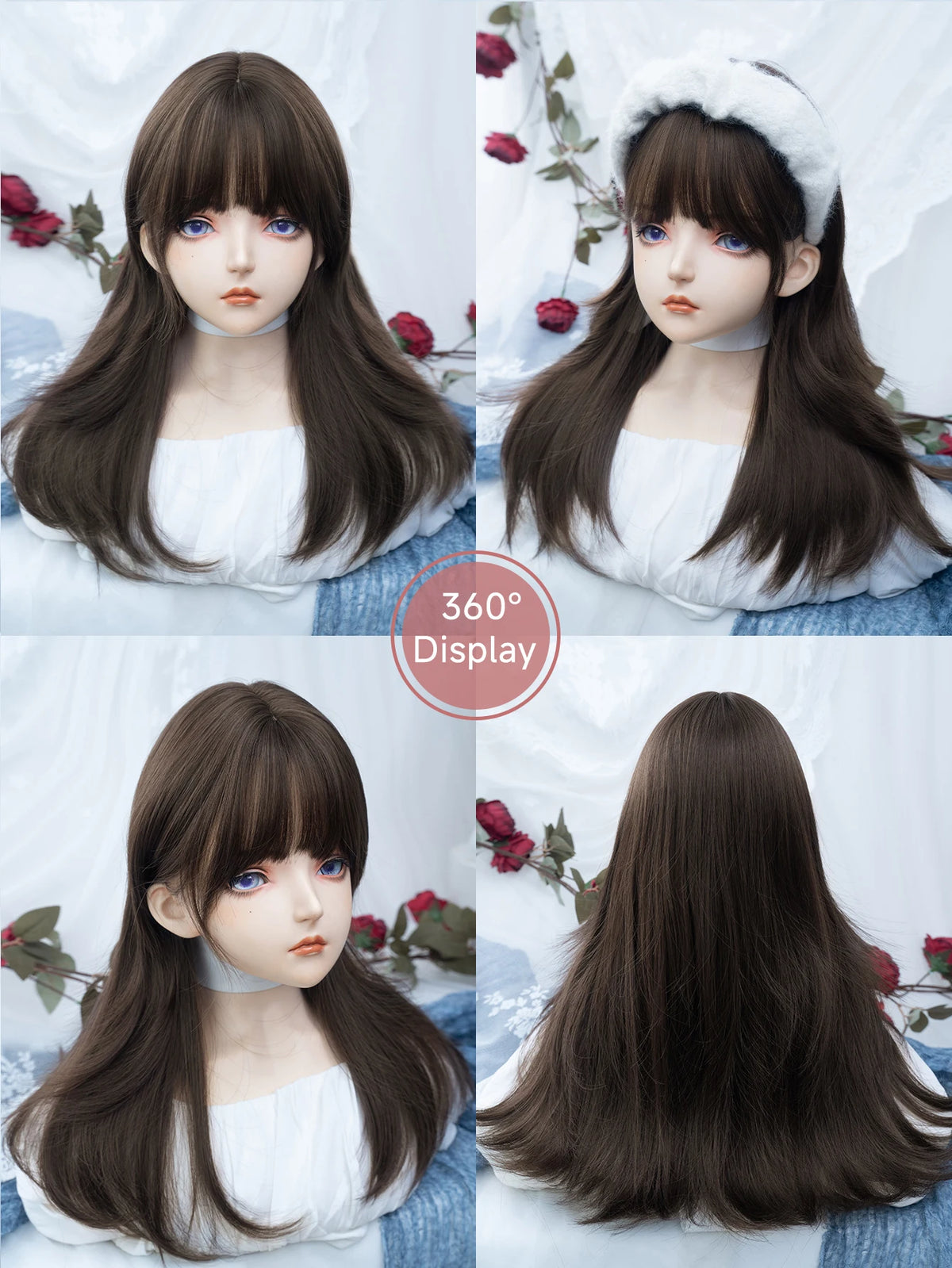 20Inch Chestnut Brown Lovely Synthetic Wigs with Bangs Medium Natural Wavy Hair Wig for Women Daily Use Cosplay Heat Resistant