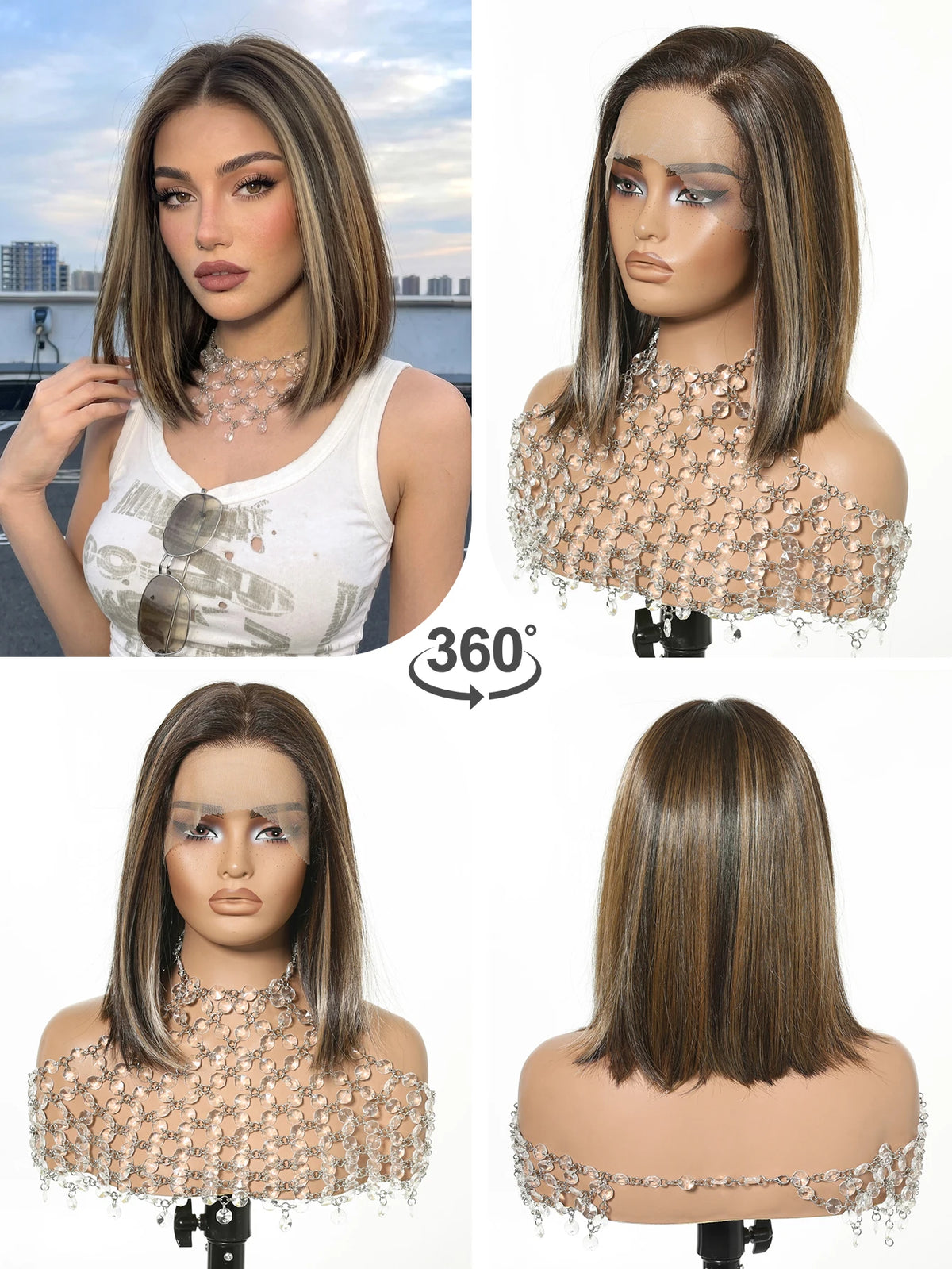 13x6 HD Transparent Lace Front Bob Wig 12" Short Straight Highlight Brown Blonde Synthetic Wigs for Women Glueless Pre Plucked