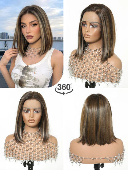 13x6 HD Transparent Lace Front Bob Wig 12" Short Straight Highlight Brown Blonde Synthetic Wigs for Women Glueless Pre Plucked