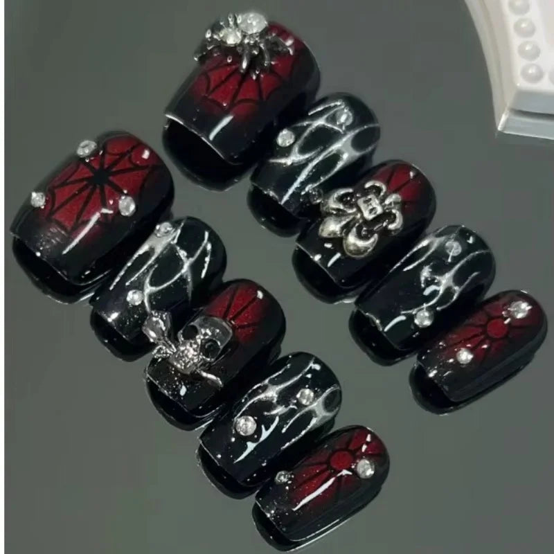 10Piece Handmade Nail Short Nail Pressing Nail Fake Nails3dSpider Ornament Spider Web Pattern Dark Series Removable Reuse