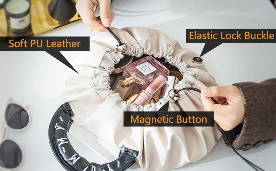 Large Capacity Portable Drawstring Cosmetic Bag for Women, Travel Daily Use Toiletry Storage Pouch Makeup Organizer