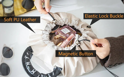 Large Capacity Portable Drawstring Cosmetic Bag for Women, Travel Daily Use Toiletry Storage Pouch Makeup Organizer
