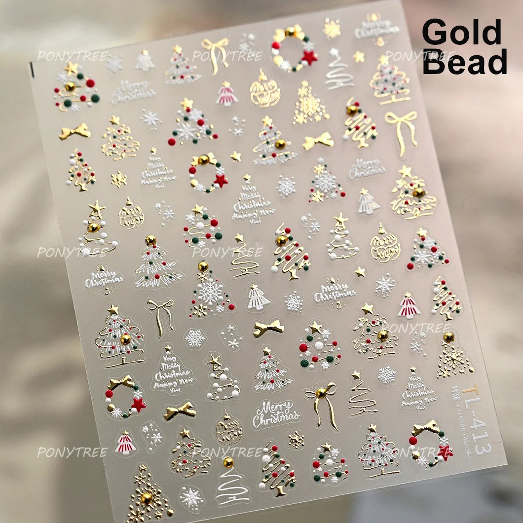Tender Blue Christmas Tree Hanging Ball Ribbon Gold Star Snowflakes Bowknot Ring Adhesive Nail Charms Art Sticker Manicure Decal