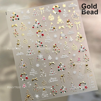 Tender Blue Christmas Tree Hanging Ball Ribbon Gold Star Snowflakes Bowknot Ring Adhesive Nail Charms Art Sticker Manicure Decal
