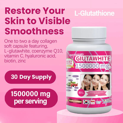 GLUTA WHITE 1500000MG Glutathione Skin Whitening Supplement, Anti Aging, Dark Spots, Melasma & Acne Scar Remover, 30 Softgel