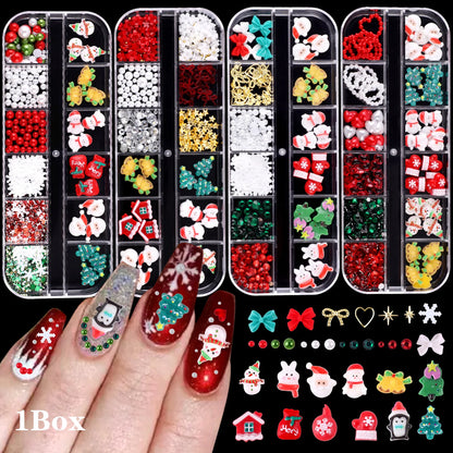 Christmas Theme Nail Art 3D Resin Decor Set, Santa Claus, Colorful Penguins, Snowman, Christmas Tree, Gloves, Bow, Star, 3D Nail