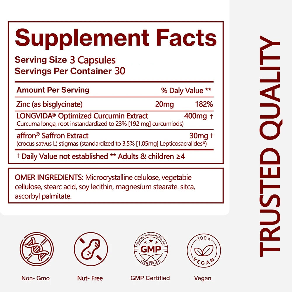 Saffron Supplements for Mood & Focus & Stress - with Saffron Flower Extract, Curcumin & Zinc - Vegan, Gluten Free | 90 Capsules
