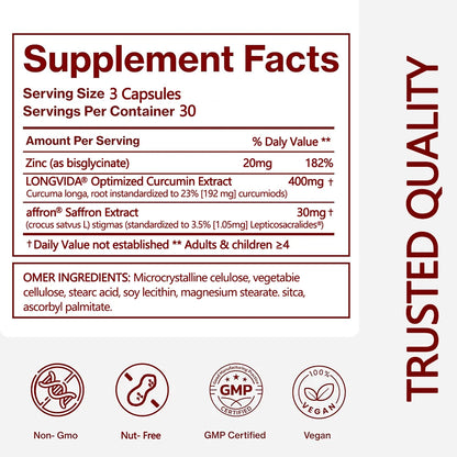Saffron Supplements for Mood & Focus & Stress - with Saffron Flower Extract, Curcumin & Zinc - Vegan, Gluten Free | 90 Capsules