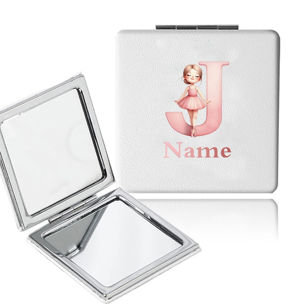 Customized Name PU Handheld Makeup Mirror Cover Dressing Double-Sided Portable Foldable Pocket Cosmetic Mirror