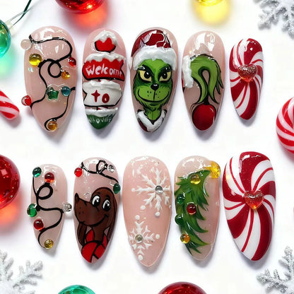 24PCS Christmas Red Almond Press on Nails Sweet 3D Gingerbread Man Xmas Tree Snowflake Design False Nails Wearable Acrylic Nails