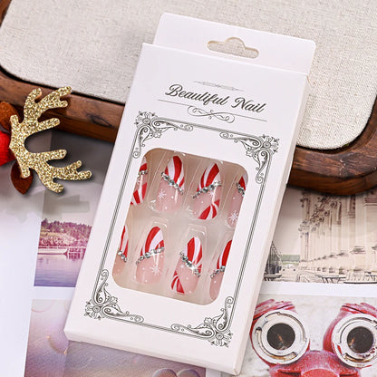 24pcs Red White French Line Christmas Sweet False Nails With Snowflake Rhinestone Starburst Design Pink Almond Press On Nails