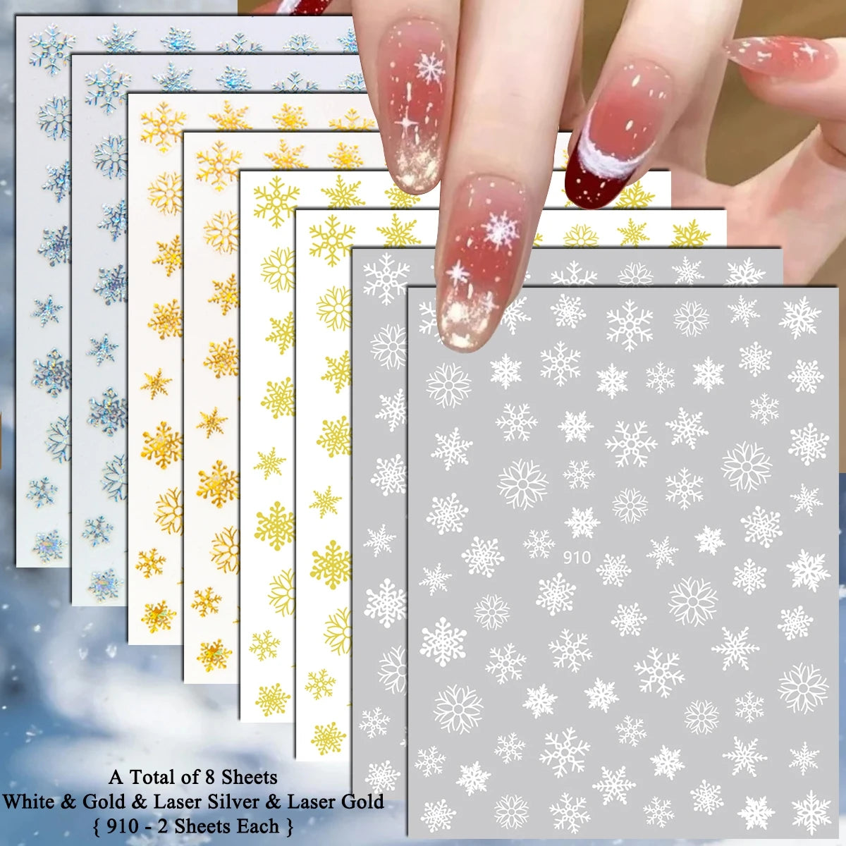 4 to 24 Sheets Xmas Snowflake Gold Silver Blue Holographic Self-Adhesive Winter Christmas Decor DIY Manicure Nail Art Stickers