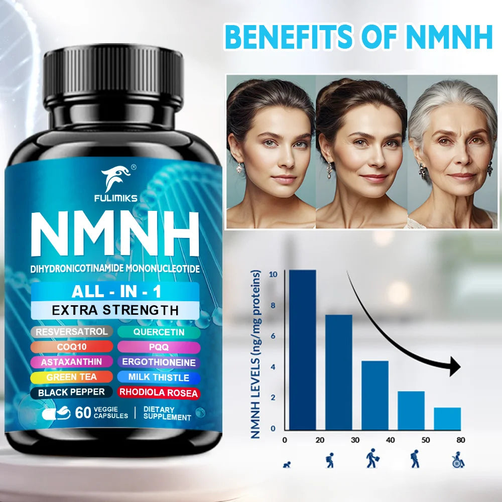 NMNH Supplement Capsules, NAD+ Booster, All-In-1, lmmune System, Energy, 60 Pills - Suitable for Men & Women - Daily Supplement