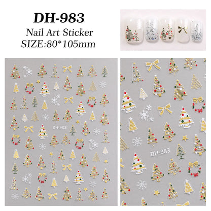 3pcs Christmas nail stickers - featuring green trees, red bows, and gold decorations - self-adhesive tree snowflake stickers