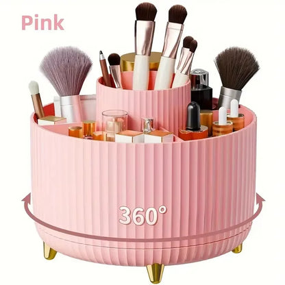 Rotating Makeup Organizer, Cosmetic Display Case with Brush Holder Perfume Tray, Storage Carousel for Vanity Bathroom Countertop