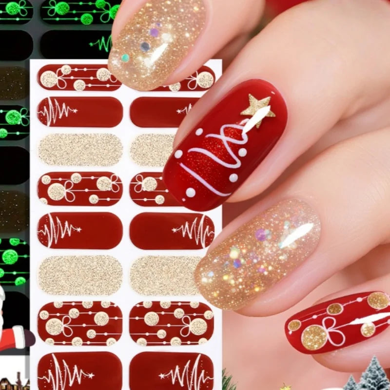 16pcs/pack Christmas Nail Art Stickers Red Gold Simple Disposable Nail Polish Film Nail Stickers Party Nail Decoration Stickers