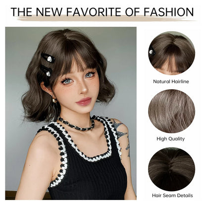 Curly Short Bob Brown Wavy Synthetic Wigs with Bangs Lolita Cosplay Brown Wig for Women Natural Daily Party Hair Heat Resistant