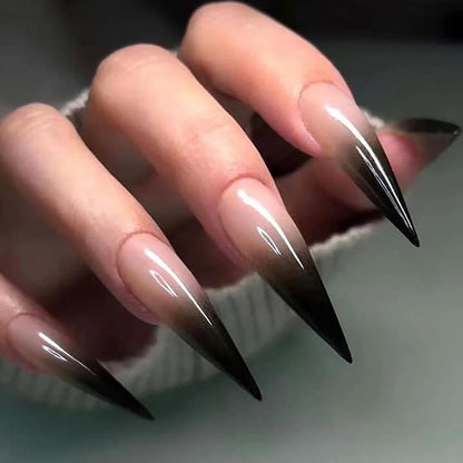24 piece long pointed black gradient pattern glossy fake nail set enhances your Halloween style