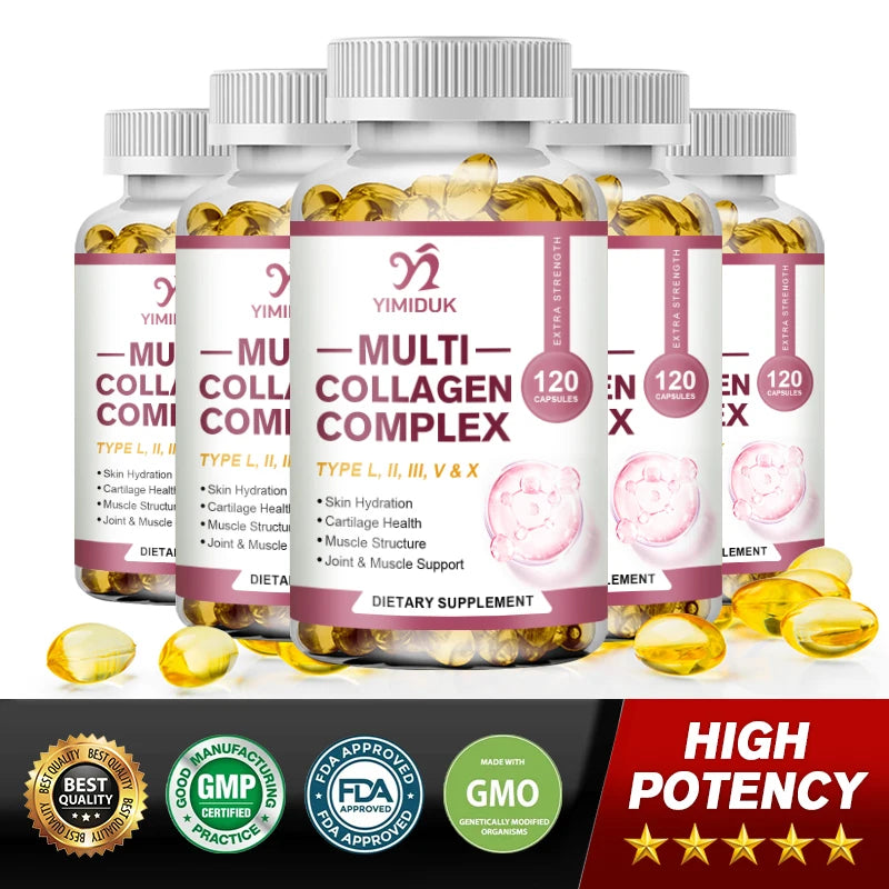 Multi-Collagen Pills with Hyaluronic Acid and Vitamin C, 5 Hydrolyzed Collagen Peptides, Type I II III VX Capsules
