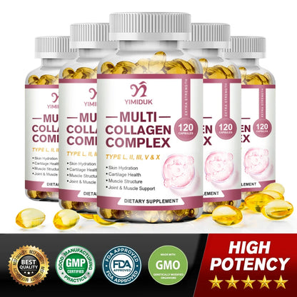 Multi-Collagen Pills with Hyaluronic Acid and Vitamin C, 5 Hydrolyzed Collagen Peptides, Type I II III VX Capsules