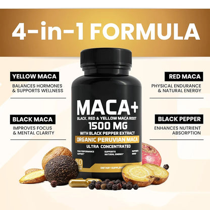 1500mg Organic Maca Root, Black, Red & Yellow - 60 Capsules - Black Maca Root Capsules for Men Supplement - Non-GMO, Gluten-Free