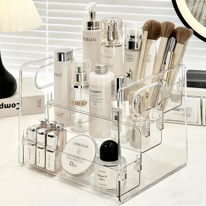 1pc Transparent Portable Three Compartment Cosmetic Storage Box desktop Dresser Large Capacity Skin Care Perfume Display Rack