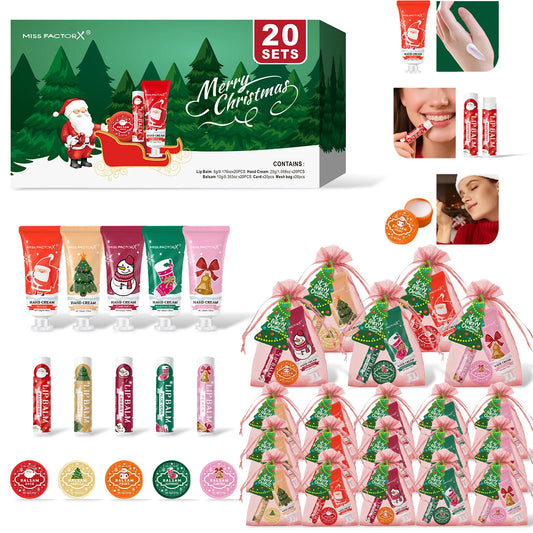 Christmas Assembly Gift Set - 20 Sets, Including Balm, Hand Cream, Lipstick, Red Gauze Bag, Christmas Tree Thank You Card
