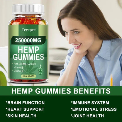 Contains Omega 3-6-9 Vitamin B, E Gummies - Stress Relief, Sleep, Mood, Skin, Nails, Focus, Joint Support, Non-GMO Supplement