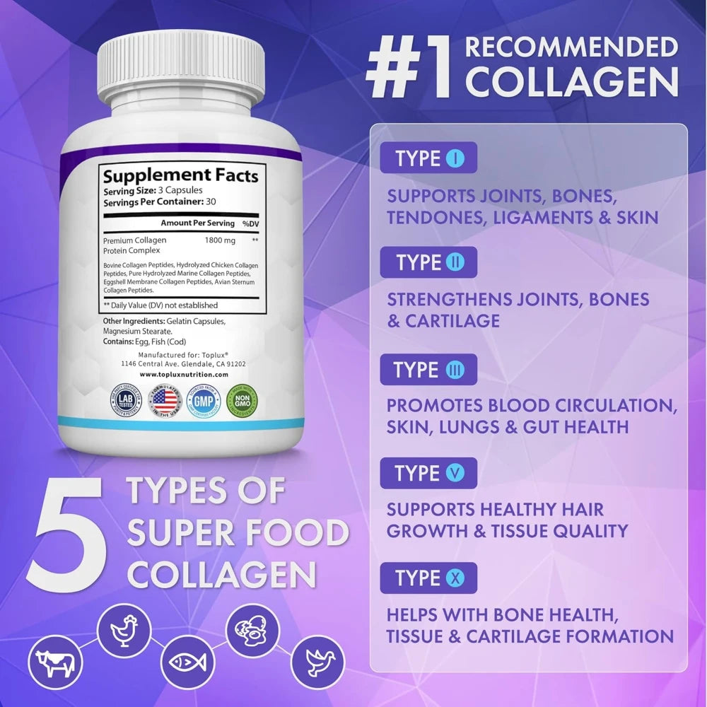 Multi Collagen Peptides Pills 1800 Mg Complex - Type I, II, III, V, X Premium Collagen Complex for Better Skin & Hair, Strong Jo