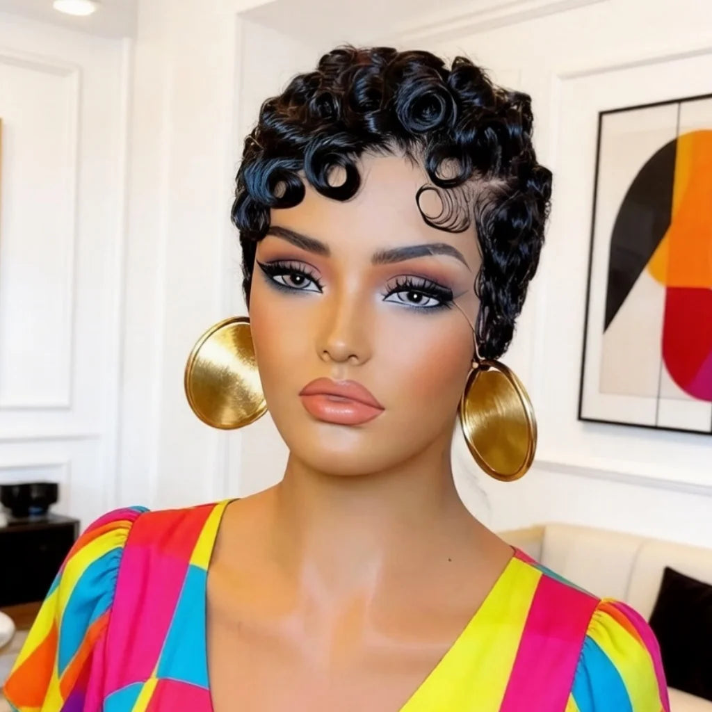 Pixie Cut Lace Front Human Hair Wigs 13X4 Lace Frontal Wigs Short Layered Pixie Cut Curly Wigs