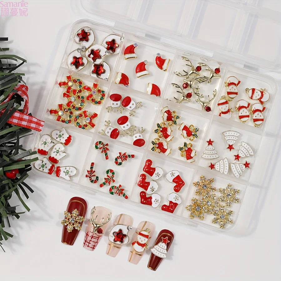 12 Grids Christmas Alloy Nail Charms Mixed Santa Hat Reindeer Snowflake Candy Cane 3D Rhinestone Enamel Ornaments Holiday DIY Nail Decor