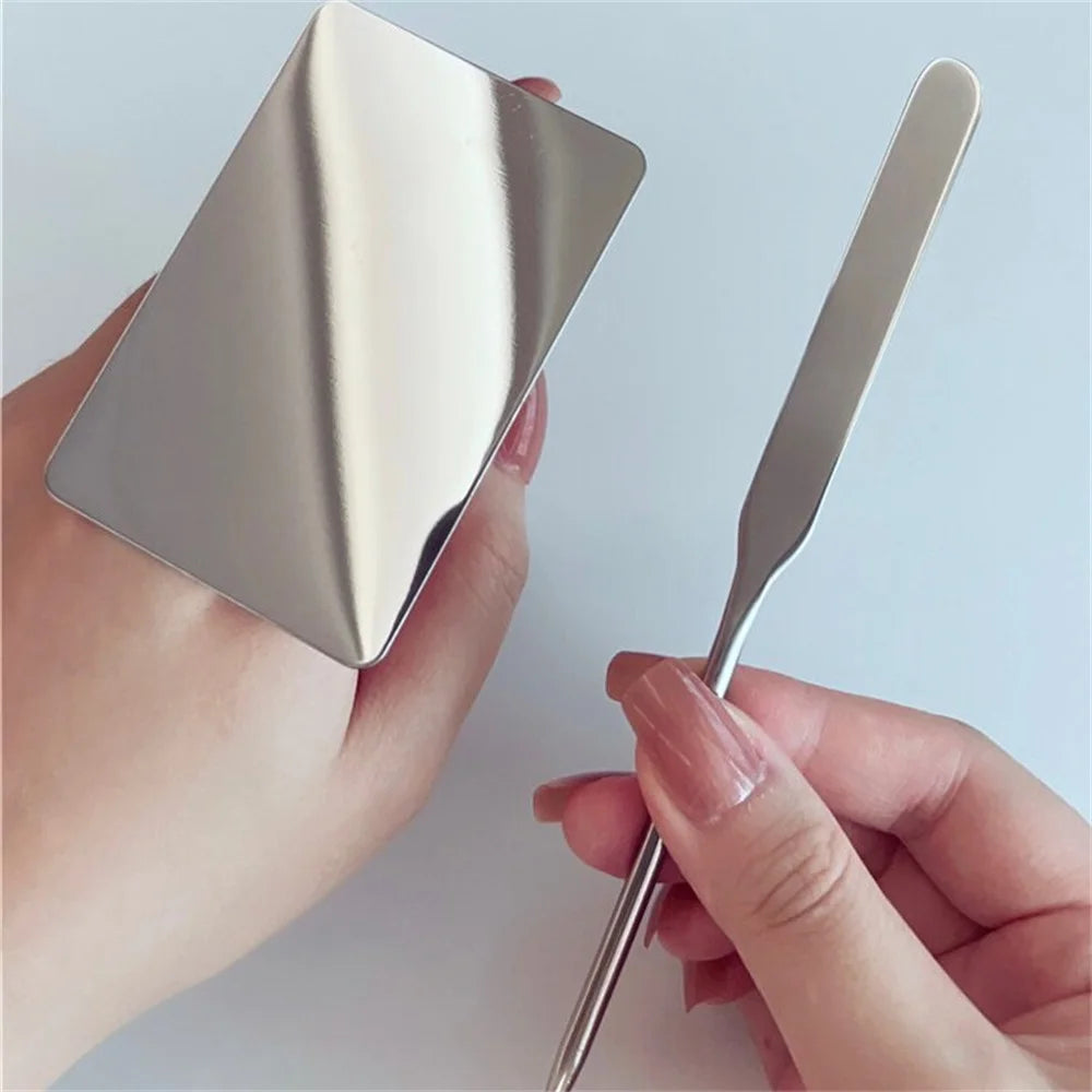 2pcs Makeup Mixing Palette Set Makeup Spatula Palette with Foundation Spatula, Stainless Steel Makeup MixingTray Nail Art Palet
