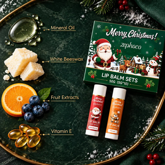 Christmas Lip Balm Gift Set 10 Count Assorted Fruit Flavors Stocking Stuffers Nourishing Moisturizing for Women 5g Fro Dry Skin