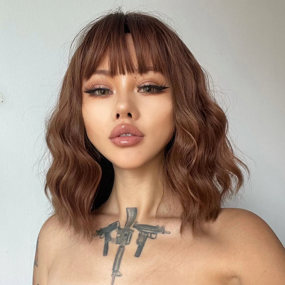 Short Bob Synthetic Wig Ombre Brown Wavy Hair Wigs With Bangs for Black Women Medium Cosplay Daily Natural Hair Heat Resistant