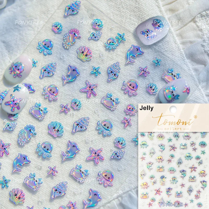 Gold Stamped Shell Conch Scallop Starfish Pearl 5D Embossed Self Adhesive Nail Art Stickers Delicate Ocean Style Manicure Decals